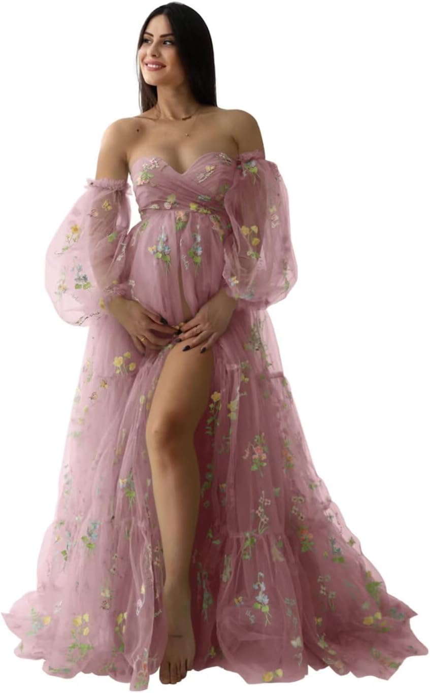 Wchecalino Flower Embroidery Tulle Maternity Dresses for Photoshoot Ruffles Puffy Sleeve Long Robes for Baby Shower