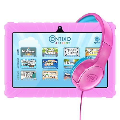Image of Contixo 7 Kids Tablet Bundle - Learning Tablets and Headphones for Kids, Includes 14 Teacher's Approved Apps, 7-inch HD, Ages 3-7, Parental Control, Android 11, 32GB, WiFi - Pink (Girls)