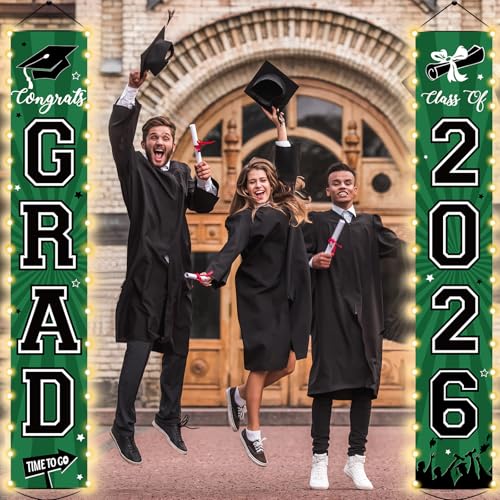 Image of 2026 Graduation Banners Lighted Decor Class of 2026 Congrats Grad Porch Sign Party Banners Supplies with LED Light Welcome Hanging Door Decorations for Indoor Outdoor(Green and Black)