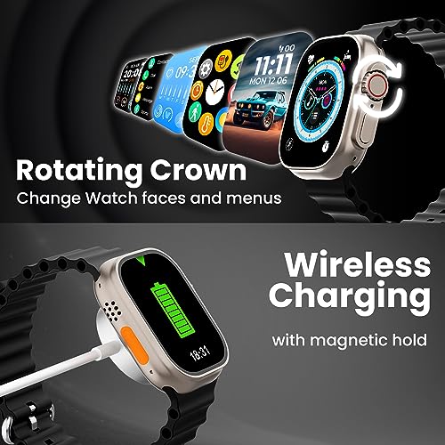 Image of Kratos SW17 Ultra+ Smartwatch with 1.96 inch Touch Display, Advanced BT Calling, Wireless Charging Smart Watch, Voice Assistant, 100+ Sports Modes, Rotating Crown, Metallic Body, IP67, Heart Rate, SpO2