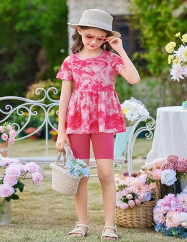 Image of Arshiner Girls Summer Outfits Short Sleeve Ruffle Hem Top and Biker Shorts Set Girl Clothes 4-15 Years