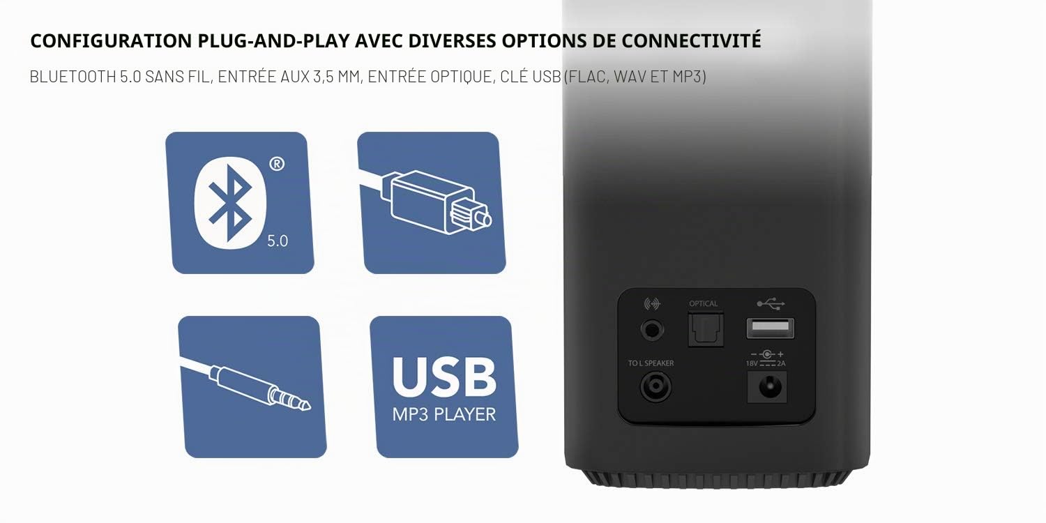 Creative T100 Enceintes de bureau Hi-Fi 2.0 compactes pour ordinateurs portables et de bureau avec Bluetooth 5.0, AUX-in 3,5 mm, entrée optique, USB FLAC, 40 W RMS, puissance de crête 80W - Noir