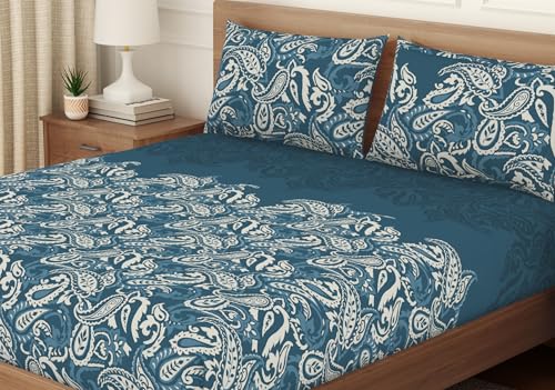 Image of Welspun ENZO Queen Size Fitted Bedsheet with 2 Pillow Covers | 360 Elastic | 100% Pure Cotton | 60 x 78 Inches | Soft, Breathable, Lightweight & Easy Care | Dark Blue