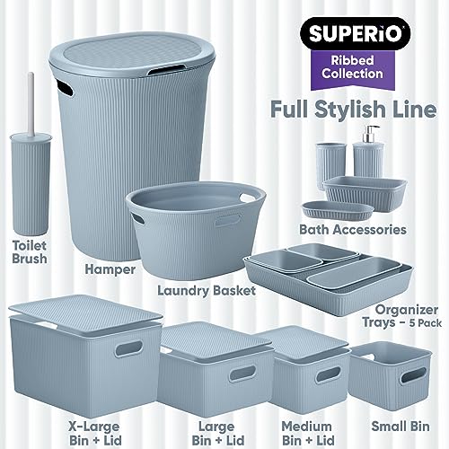 Image of Superio Ribbed Collection - Decorative Plastic Laundry Hamper with Lid and Cut-Out Handles, Blue (2 Pack) Basket Organzier for Bedroom Bathroom College Dorm Room 40 Liter