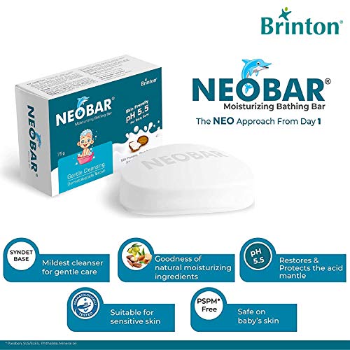 Image of Brinton Neobar Baby Soap for Bathing, Moisturizing, Gentle Cleansing, Skin Friendly, Daily Care, pH 5.5, White, 75 g, Pack of 4