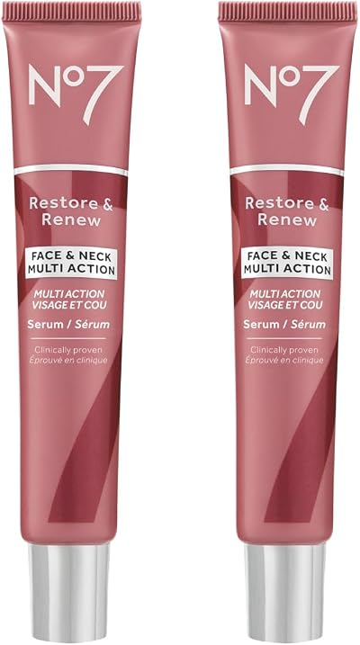 No7 Restore & Renew Face & Neck Multi-Action Serum - Collagen Peptide Anti-Aging Facial Treatment - Hyaluronic Acid Hydrating + Pro Retinol Skin Firming Hibiscus Peptides (2 Pack, 1.69 Fl Oz Each)