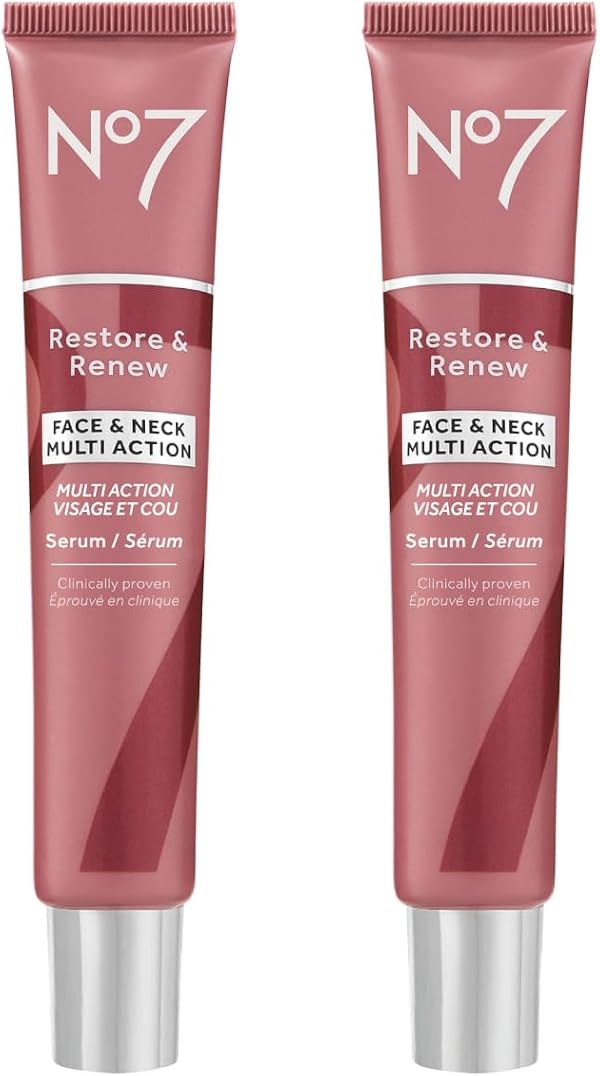 No7 Restore & Renew Face & Neck Multi-Action Serum - Collagen Peptide Anti-Aging Facial Treatment - Hyaluronic Acid Hydrating + Pro Retinol Skin Firming Hibiscus Peptides (2 Pack, 1.69 Fl Oz Each)