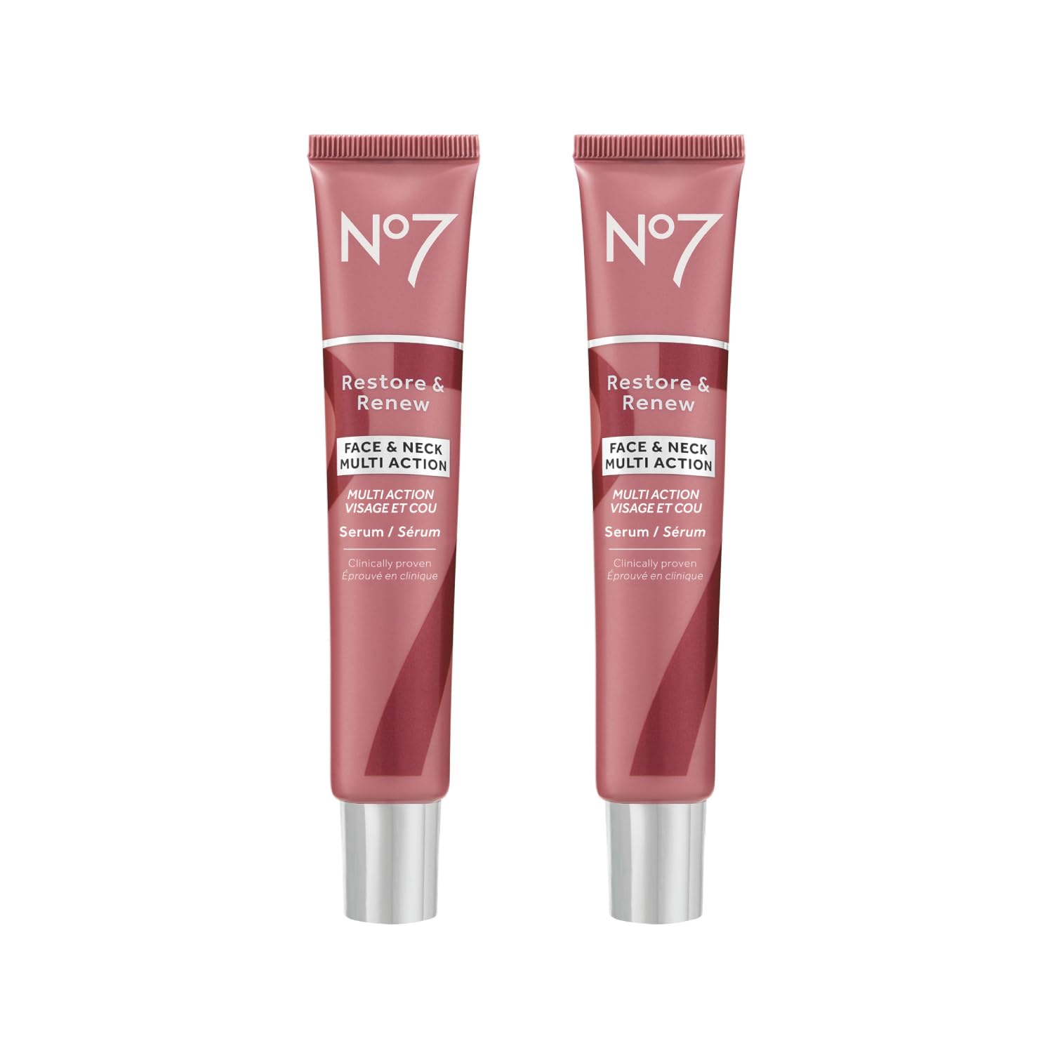 No7 Restore & Renew Face & Neck Multi Action Serum - Collagen Peptide Anti-Aging Facial Serum - Hyaluronic Acid Hydrating Serum + Pro Retinol Skin Firming Hibiscus Peptides (2 pack, 1.69 Fl Oz each)