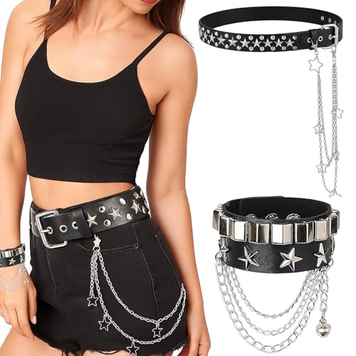 Studded Belt Studded Bracelet Pants Chain for Men Women – Y2K Emo Accessories Goth Punk Accessories Aesthetic Belt Set for Jeans Skirt Outfit