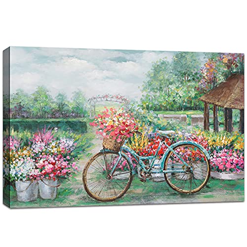 Vélo et jardin Cadre en bois HD toile impression sur toile Abstrait Tableau Mural Image sur Toile Photo tendu sur toile pour séjour salon chambre à coucher cuisine bureau bar Prêt à accrocher 40x60cm Cover