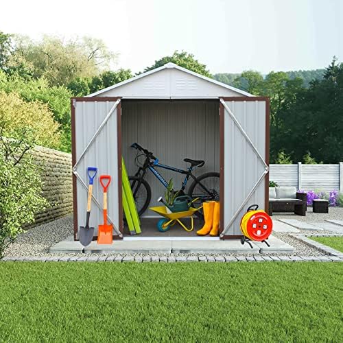6 X 4 FT Outdoor Storage Shed Waterproof, Metal Garden Sheds with 2 Lockable Doors & 3 Hooks & Foundation, Steel Tool Storage Shed Buildings & Outdoor Storage House for Backyard, Lawn (Coffee/White)