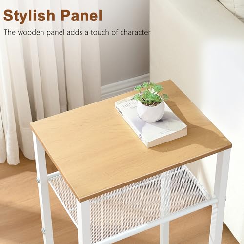 Image of Hoctieon 2-Set 3 Tier End Table, Telephone Table Set of 2, Tall Side Table with Storage Set of 2, Small Nightstand for Small Spaces, Metal Frame, White and Yellow Oak