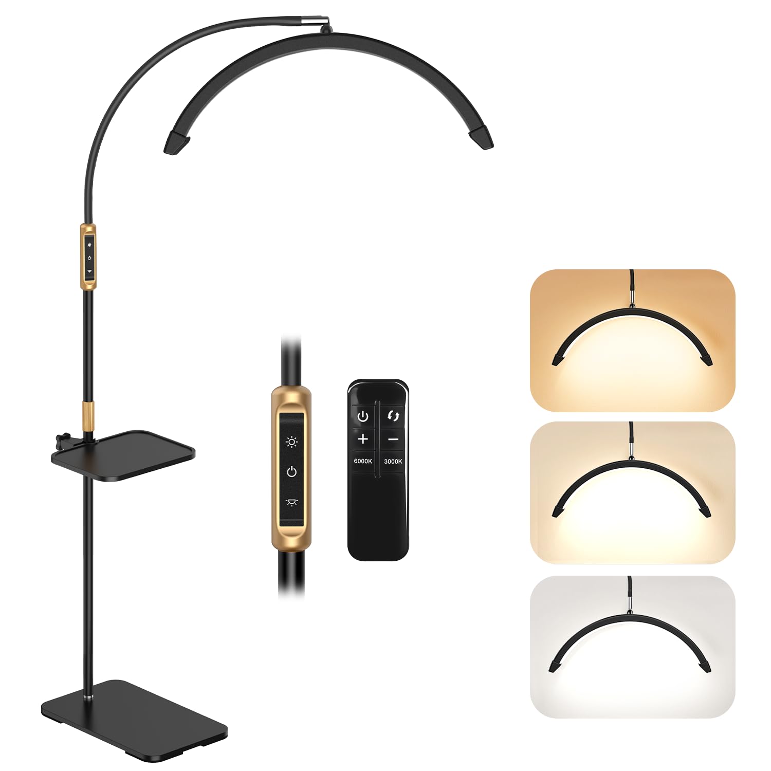 23 Inch Half Moon Light, Lash Light for Eyelash Tech, LED Floor Lamp for Eyelash Extensions, Nail Art, Tattoo Art and Skincare, Adjustable Color Modes and Flexible Gooseneck, with Tray - Black