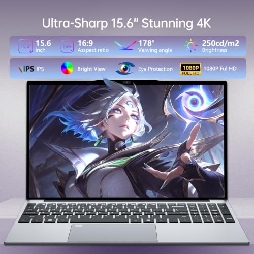 Image of Laptop, 15.6 Inch Laptop Computer, 16GB RAM 512GB SSD, Win 11 Pro Laptops, Celeron N5100 (Up to 2.8GHz), FHD 1080P, 180 Open, Backlit KB, Fingerprint, WiFi, BT, TF Card, Mini HDMI, Silver PC Lap top