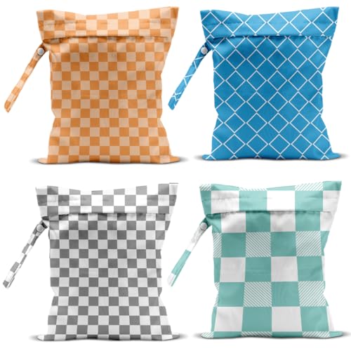 zcyxuuw Wet Bag, 4Pcs Wet Dry Bag Set, Reusable Waterproof Bags with Mixed Checkerboard & Blue Diamond Lattice for Women, Ideal for Beach Vacations, Pool Days, Travel & Daily Essentials Storage