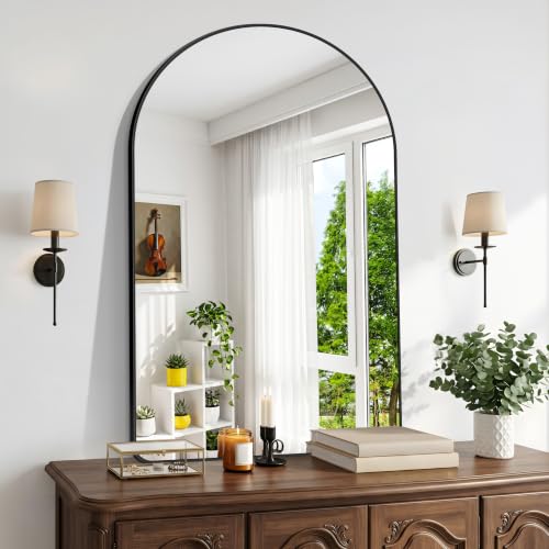 Image of BONEWEI Arched Wall Mirror,32x48 inch Black Arched Mirror Bathroom,Large Vanity Mirror for Over Sink Metal Frame,Tempered Glass Arch Mirrors for Bedroom,Entryway,Living Room,Home Decor Shatter-Proof