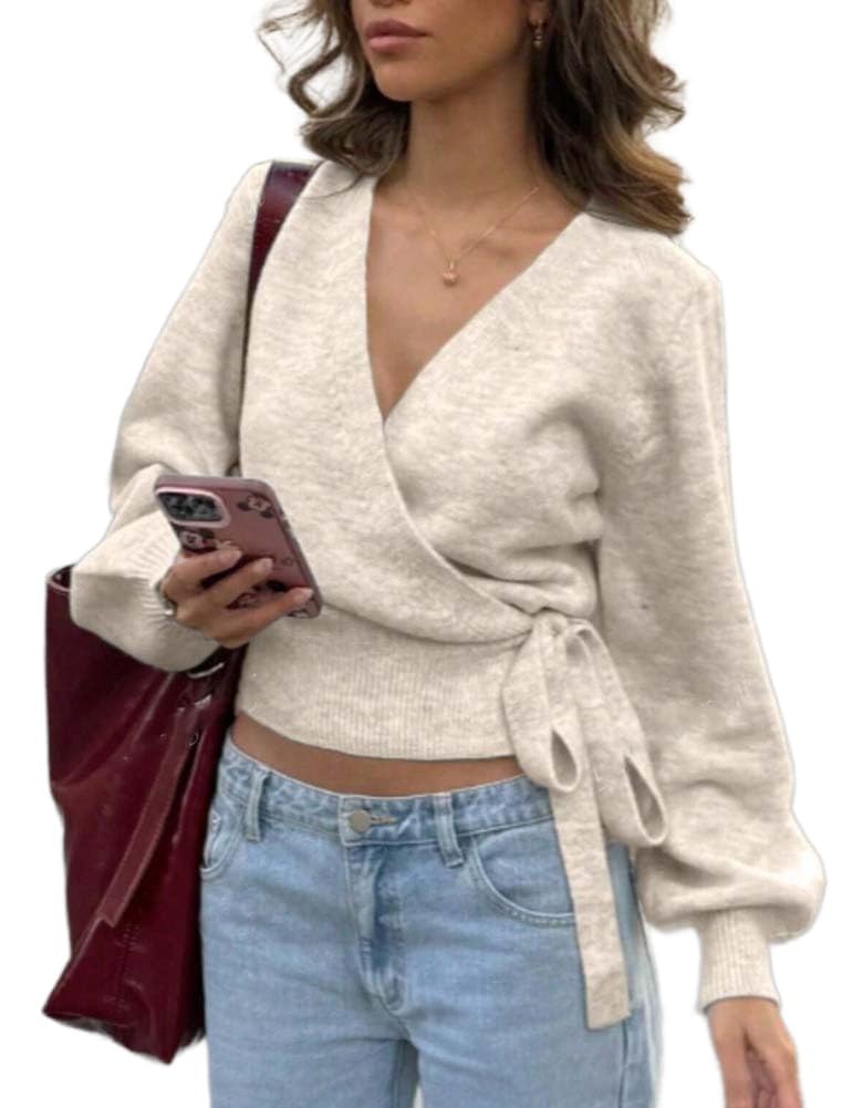 Mywinway Wrap Sweater for Women Fall Winter Y2k Tie Front Crop Tops Long Sleeve V Neck Casual Knit