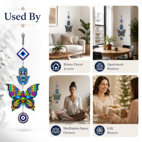 Image of Religious Door Hanging Decor with Pearl Beads & Tassel, Wooden Wall Hanging for Home Temple, Pooja Room, Entrance, Mandir Decoration & Spiritual Gift, Multicolor Butterfly