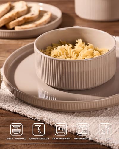 Image of Famiware Stoneware Dishes Dinnerware Sets for 6, Ribbed Plates and Bowls | 18pc Ceramic Dinner Set with Lipped Edges, Chip & Scratch Resistant , Microwave & Dishwasher Safe, Everyday Formal Use, Brown