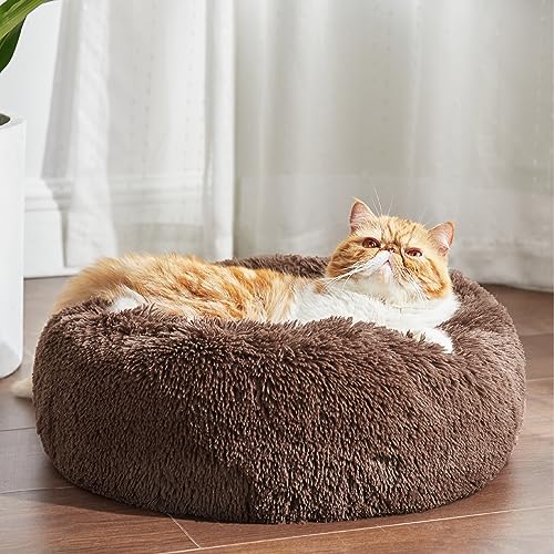 Image of Bedsure Calming Cat Beds for Indoor Cats - Small Cat Bed Washable 20 inches, Anti-Slip Round Fluffy Plush Faux Fur Pet Bed, Fits up to 15 lbs Pets, Coffee