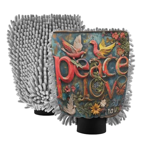 ALAZA Peace and Love Dove Car Wash Mitt Scratch Free, 2 Pack Absorbent Microfiber/Chenille Washing & Drying Mitts, L