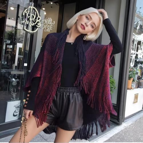 Classic Soft Knit Poncho Shawl Wrap - Winter Warm Fringe Tassel Colorblock Sweater Cape, V-Neck Stripe Pullover2