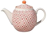 Bloomingville Teekanne Carla Express Retro große Kanne mit integriertem Sieb vor der Tülle Vintage ø 14 cm, rot, Keramik, fasst ca. 1200 ml