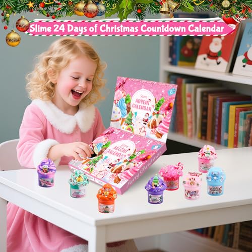 Schleim Adventskalender 2025 für Kinder,24-Tage-Countdown Slime Weihnachtskalender Kinder,12 Stück Weihnachten Überraschungen Geschenk Schleim Kit für 3 4 5 6 7 8 9 10 11 Jahre Jungen Mädchen(Rosa)