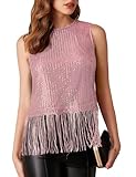 Women's Fringe Sequin Tops Sleeveless Crewneck Tassel Sparkly Tank Tops Crop Party Shirt Glitter Camisole Club Pink L