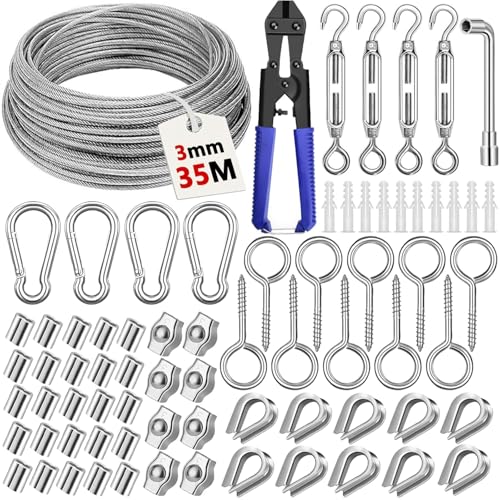 NCKIHRKK 74Pcs Fune Cavo Acciaio 304 inox Kit, 35M Cavo Acciaio Inossidabile Φ3mm con Tiranti per Filo Acciaio Fune Tenditore, Filo per Stendere il Bucato da Esterno, Tenda Appesa,Tende,Appendere Lamp