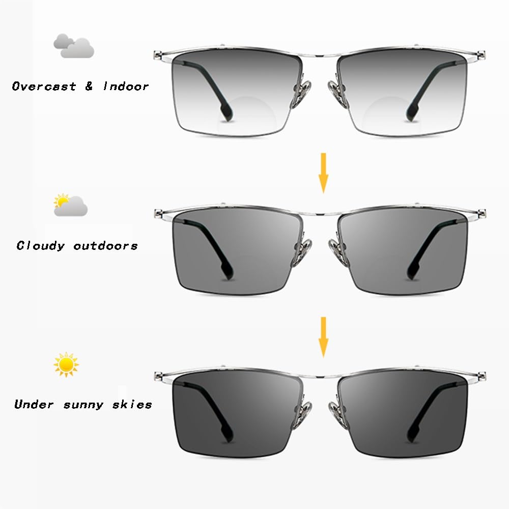 SFIVE Photochrome Lesebrille Progressive Multifocus Sonnenbrille Für Männer Metallrahmen Presbyopie Brille UV-Schutz 1.0-3.0 (Color : Black Silver, Size : +2.0)