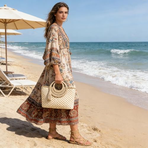 Bolso de paja retro verano mujer beige miniatura 5