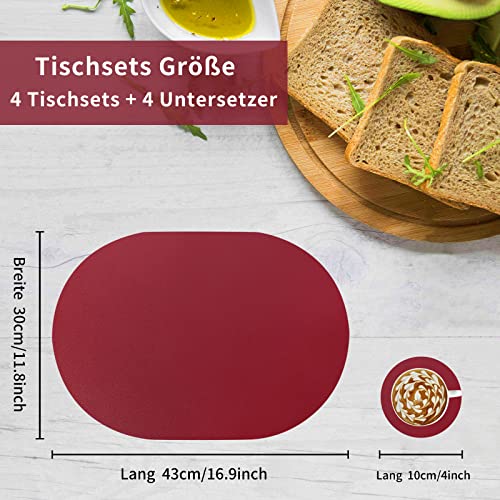 WAKOSAN Leather Placemats and Coasters, Washable Round, Place Mats for Kitchen Dining Table Set of 4 (Oval, Wine Red) - Image 2