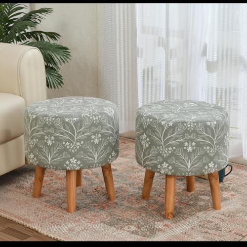 Image of NACIA Printed Ottoman Stool Set of 2 | Soft Cushioned Velvet Pouf Footrest with Wooden Legs | Decorative Seating Stool for Bedroom Living Room Home & Office (16x16x17 Inch, Green Leaf)