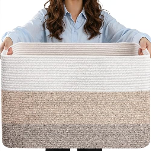 HOBASKET 75L Large Woven Storage Basket Cotton Rope Laundry Hamper with Handles 22x17x12 Rectangle Blanket Basket for Toys Clothes Pillows Nursery and Living Room Gradient Brown/White