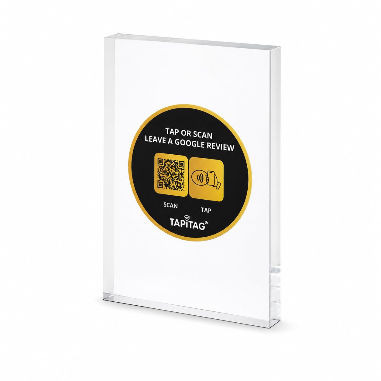 TAPiTAG Google Review Stand with NFC & QR Code (A6, Acrylic Clear, Black/Gold)- NO Subscription – Tap or Scan to Leave a Google Review, No App Needed, Works with iPhone & Android