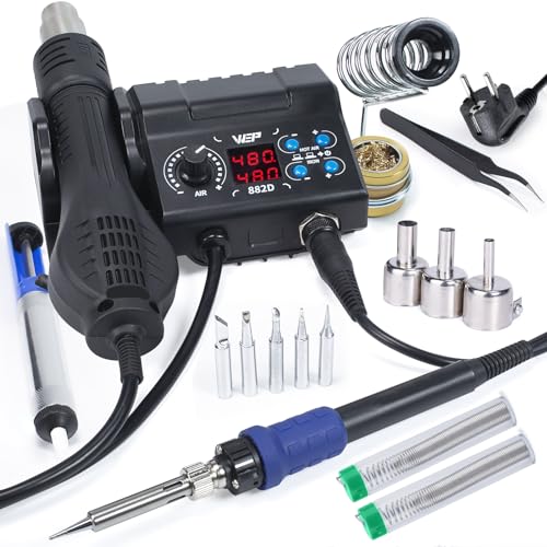 WEP 882D station de soudage 2-en-1 SMD station soudage air chaud avec 2 bobines de fil à souder 3 buses à Air chaud nettoyeur de pointe en laine de laiton pince à...