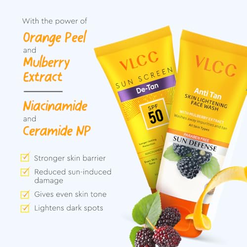 Image of VLCC Tan-to-Tango Combo - Anti-Tan Skin Lightening Face Wash 50 g + De-Tan SPF 50 PA+++ Sunscreen Gel Creme 50 ml | Fades Tan, Even Skin Tone