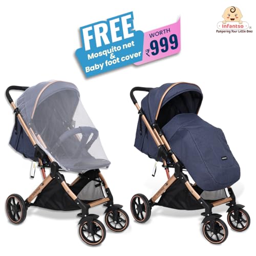 Image of Infantso GlideX Premium Baby Stroller / Pram, Reversible Handle, One-Hand Fold and 360 Rotating Wheels,, Travel Friendly, 5 Points Safety Harness, Extendable Canopy, Multilevel Recline, Adjustable Footrest, Easy Fold, Shock Absorption Wheels, for babies 0 to 3 years ( Golden Blue )
