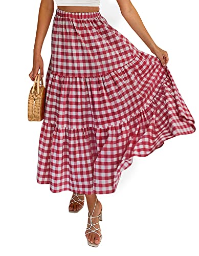 Zesica Women's 2023 Summer Plaid Elastic High Waist Flowy A Line Maxi Skirt With Pockets,Red,Small #TOP9