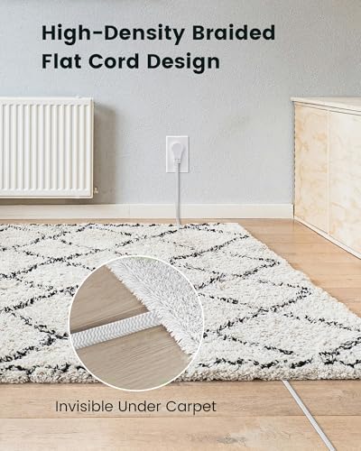 Image of SURAIELEC - 6 ft Flat Braided Extension Cord with 3 Power outlets - 360 Swivel - Braided Flat wall Socket - 16 AWG - White - for Indoor use
