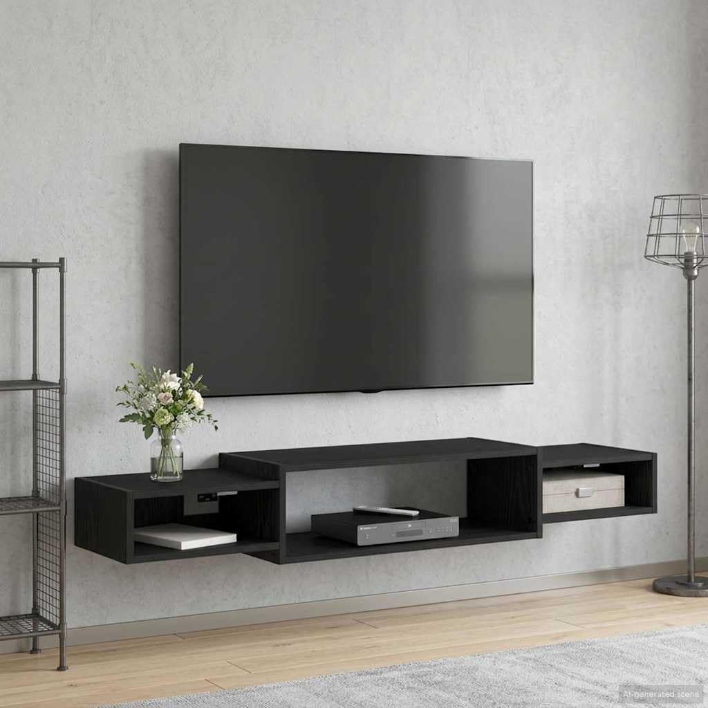 Mobile TV da parete in rovere nero, 140 x 28 x 21 cm, con 3 ripiani, supporto da parete per soggiorno, mensola sospesa, sistema da parete salvaspazio, mensola da parete versatile