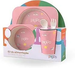 Kit Alimentação Prato Tijela Garfo Colher e Copo Infantil Bebe 5 Peças Em Fibra De Bambu Sem BPA | Pippo (Unicórnio)
