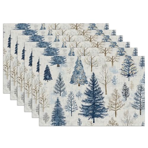 Vintage Winter Pine Tree Placemats Set of 6, Washable Linen Place Mat Heat Resistant Non Slip Kitchen Dining Table Mats 12x18 Inch