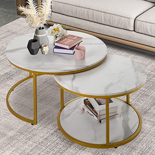 Image of NSdirect Nesting Coffee Table Set of 2,Round Coffee Tables Modern Circle Table for Living Room Accent End Side Table with Storage Open Shelf Faux Marble Wood Top & Gold Sturdy Metal Frame,White