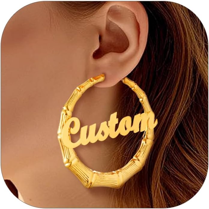 Custom4U Bamboo Hoop Earrings for Women Gold/Silver/Black Large Name Earrings Personalized - Hypoallergenic Lightweight Big Thick Hoops 30/40/50/60/70/80mm - Custom Made Birthday Christmas Gifts
