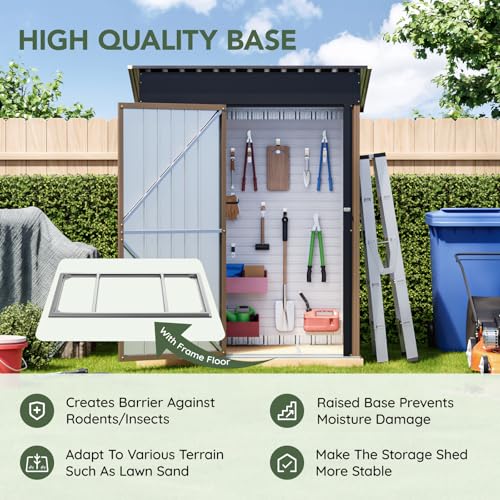 Image of 3x5 FT Outdoor Metal Storage Shed with Floor Frame, Single Door, 1 Clear Window, Tool Shed for Garden, Patio, Backyard Brown