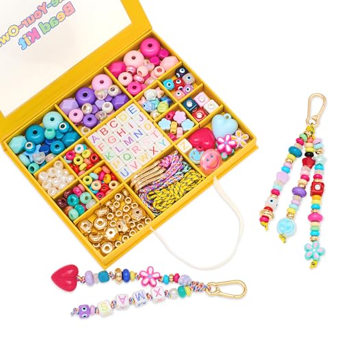 MINIMISSMIANYC Bead Bag Charm Kit for Girls Big Colorful Beaded Heart Flower Letter A-Z Keychain Making Kit Key Chain DIY Charm Supplies Carft Accessoriess Jewelry for Women Kids Boys