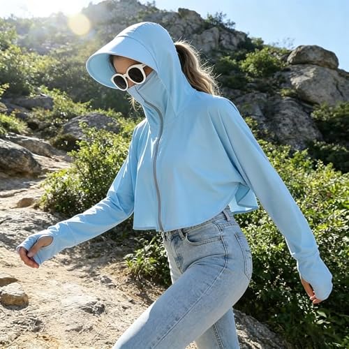 Image of Womens Sunscreen Hoodie Jacket /Shirt UPF 50+ UV Protection from Sun & Pollution with Wide Brim Hat Face Mask Lightweight Full Zip for Outdoor Running Hiking