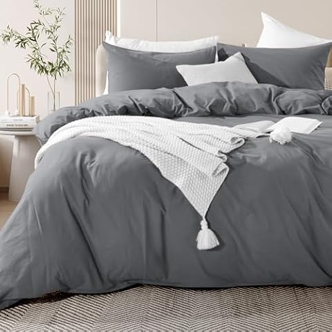 NEXHOME PRO Cotton Duvet Cover Set King Size Linen Look Textured Organic Natural 100% Washed Cotton Duvet Cover 3 Pieces Bedding Set with Zipper Closure, Breathable, Soft, Grey (No Comforter) Cover